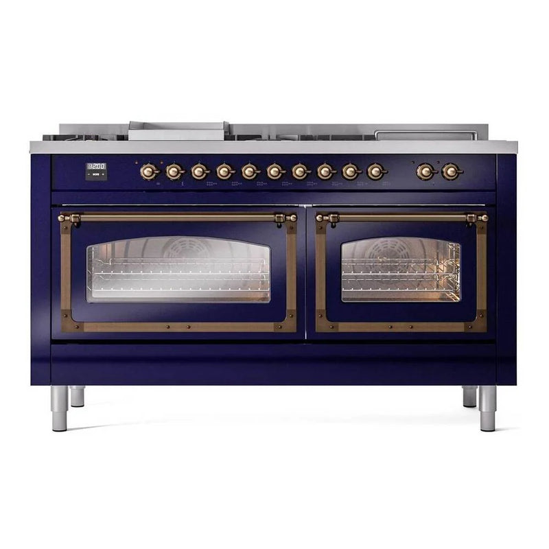ILVE Nostalgie II Noblesse 60" Dual Fuel Freestanding Range in Midnight Blue with Burnished Trim, UN60FSNMPMBBLP