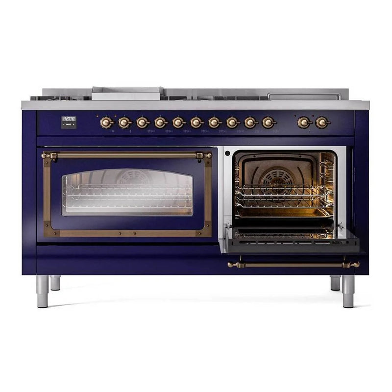 ILVE Nostalgie II Noblesse 60" Dual Fuel Freestanding Range in Midnight Blue with Burnished Trim, UN60FSNMPMBBLP