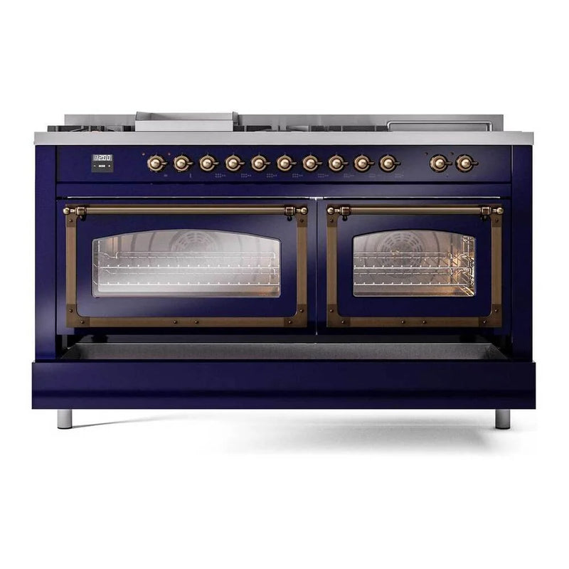 ILVE Nostalgie II Noblesse 60" Dual Fuel Freestanding Range in Midnight Blue with Burnished Trim, UN60FSNMPMBBLP
