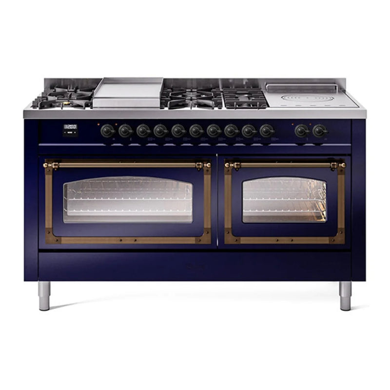 ILVE Nostalgie II Noblesse 60" Dual Fuel Freestanding Range in Midnight Blue with Burnished Trim, UN60FSNMPMBB