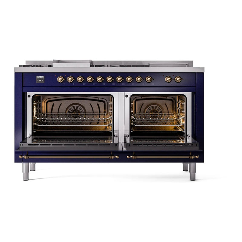 ILVE Nostalgie II Noblesse 60" Dual Fuel Freestanding Range in Midnight Blue with Burnished Trim, UN60FSNMPMBB