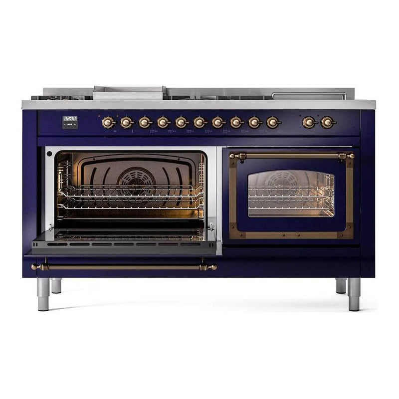 ILVE Nostalgie II Noblesse 60" Dual Fuel Freestanding Range in Midnight Blue with Burnished Trim, UN60FSNMPMBB