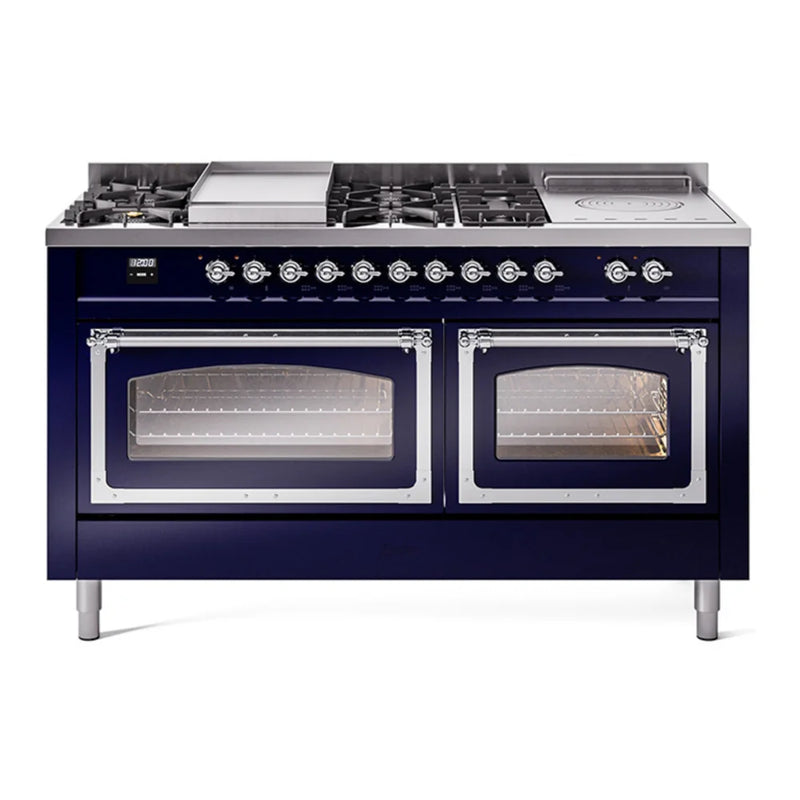 ILVE Nostalgie II Noblesse 60" Dual Fuel Freestanding Range in Midnight Blue with Chrome Trim, UN60FSNMPMBC