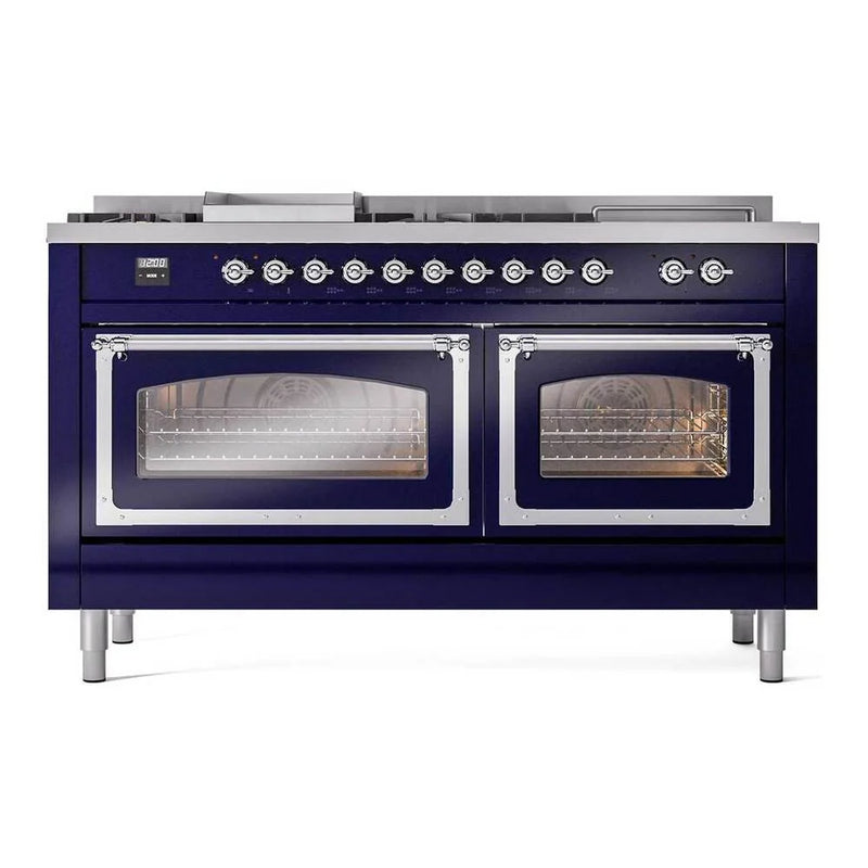 ILVE Nostalgie II Noblesse 60" Dual Fuel Freestanding Range in Midnight Blue with Chrome Trim, UN60FSNMPMBC