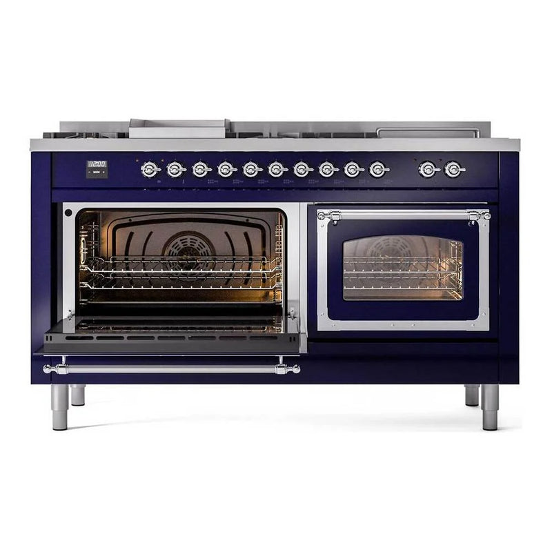 ILVE Nostalgie II Noblesse 60" Dual Fuel Freestanding Range in Midnight Blue with Chrome Trim, UN60FSNMPMBC