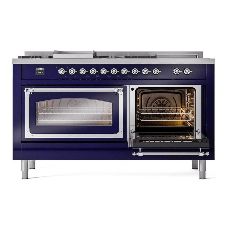 ILVE Nostalgie II Noblesse 60" Dual Fuel Freestanding Range in Midnight Blue with Chrome Trim, UN60FSNMPMBC