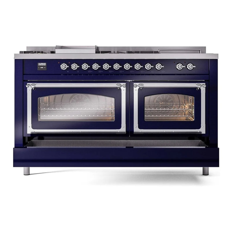 ILVE Nostalgie II Noblesse 60" Dual Fuel Freestanding Range in Midnight Blue with Chrome Trim, UN60FSNMPMBC