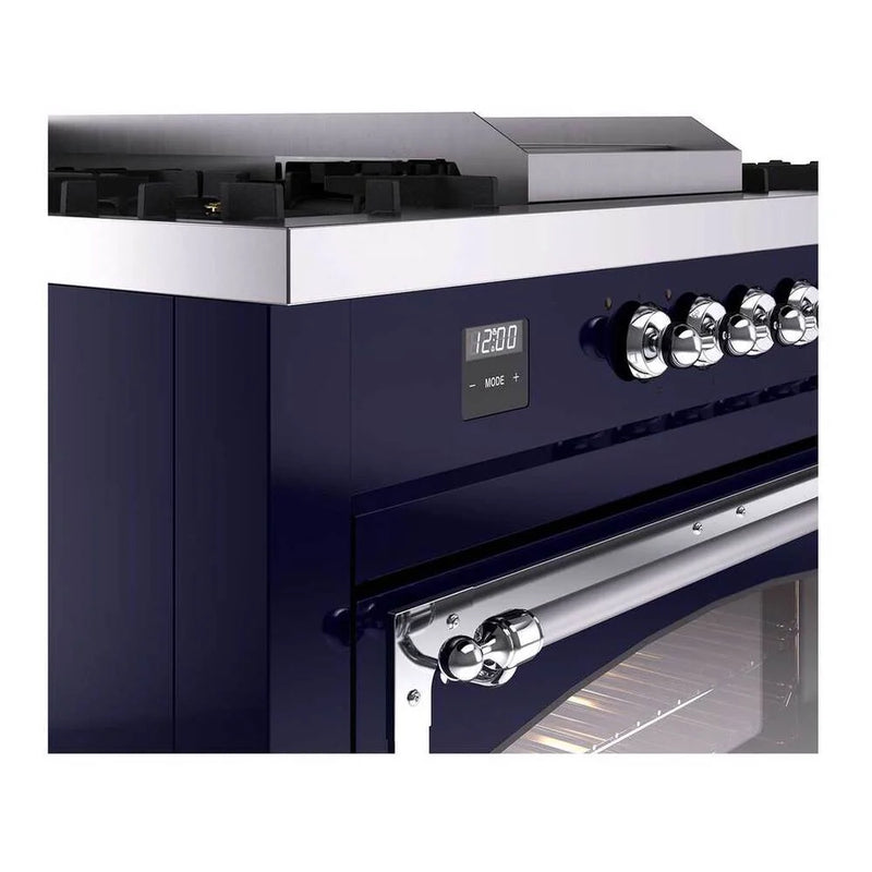 ILVE Nostalgie II Noblesse 60" Dual Fuel Freestanding Range in Midnight Blue with Chrome Trim, UN60FSNMPMBC