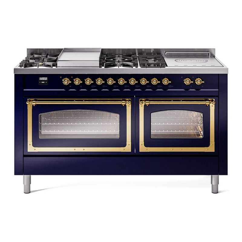 ILVE Nostalgie II Noblesse 60" Dual Fuel Freestanding Range in Midnight Blue with Brass Trim, UN60FSNMPMBGLP