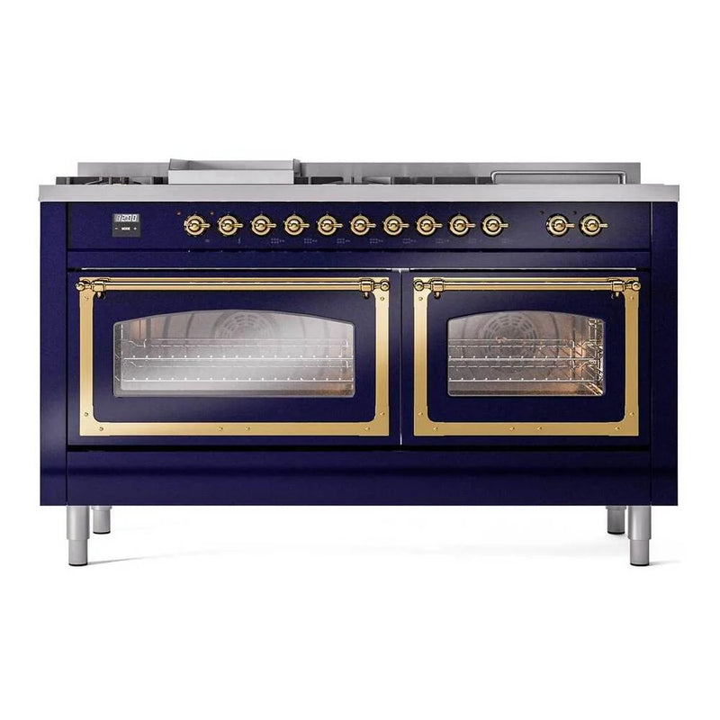 ILVE Nostalgie II Noblesse 60" Dual Fuel Freestanding Range in Midnight Blue with Brass Trim, UN60FSNMPMBGLP