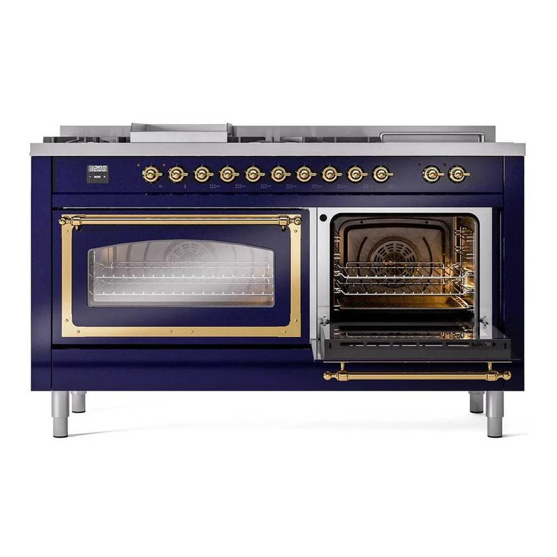 ILVE Nostalgie II Noblesse 60" Dual Fuel Freestanding Range in Midnight Blue with Brass Trim, UN60FSNMPMBGLP