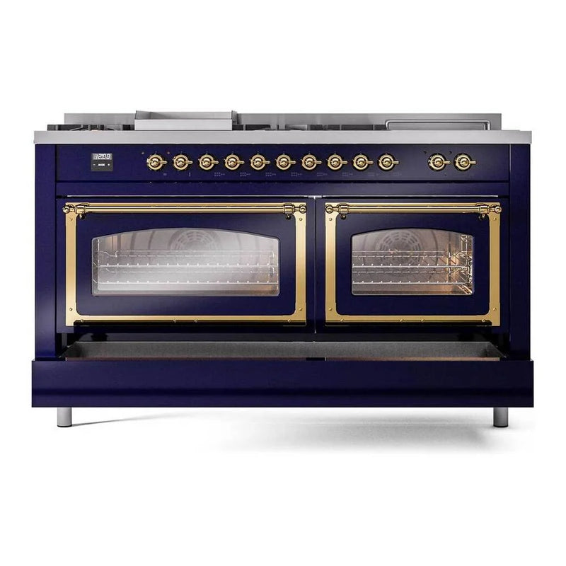 ILVE Nostalgie II Noblesse 60" Dual Fuel Freestanding Range in Midnight Blue with Brass Trim, UN60FSNMPMBGLP