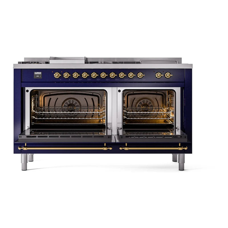 ILVE Nostalgie II Noblesse 60" Dual Fuel Freestanding Range in Midnight Blue with Brass Trim, UN60FSNMPMBG
