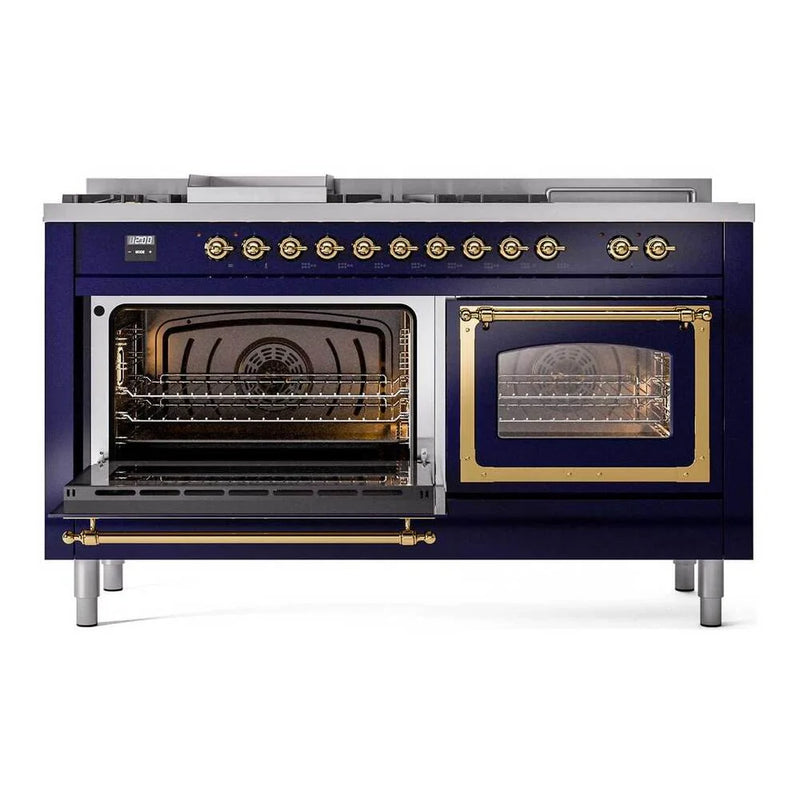 ILVE Nostalgie II Noblesse 60" Dual Fuel Freestanding Range in Midnight Blue with Brass Trim, UN60FSNMPMBG
