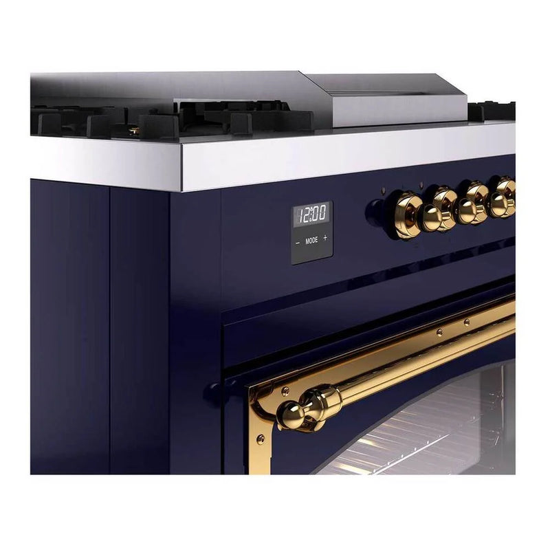 ILVE Nostalgie II Noblesse 60" Dual Fuel Freestanding Range in Midnight Blue with Brass Trim, UN60FSNMPMBG