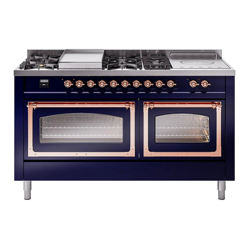 ILVE Nostalgie II Noblesse 60" Dual Fuel Freestanding Range in Midnight Blue with Copper Trim, UN60FSNMPMBPLP
