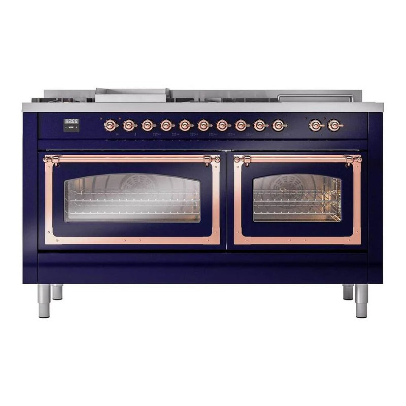 ILVE Nostalgie II Noblesse 60" Dual Fuel Freestanding Range in Midnight Blue with Copper Trim, UN60FSNMPMBPLP