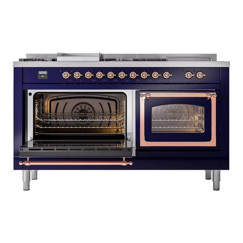 ILVE Nostalgie II Noblesse 60" Dual Fuel Freestanding Range in Midnight Blue with Copper Trim, UN60FSNMPMBPLP