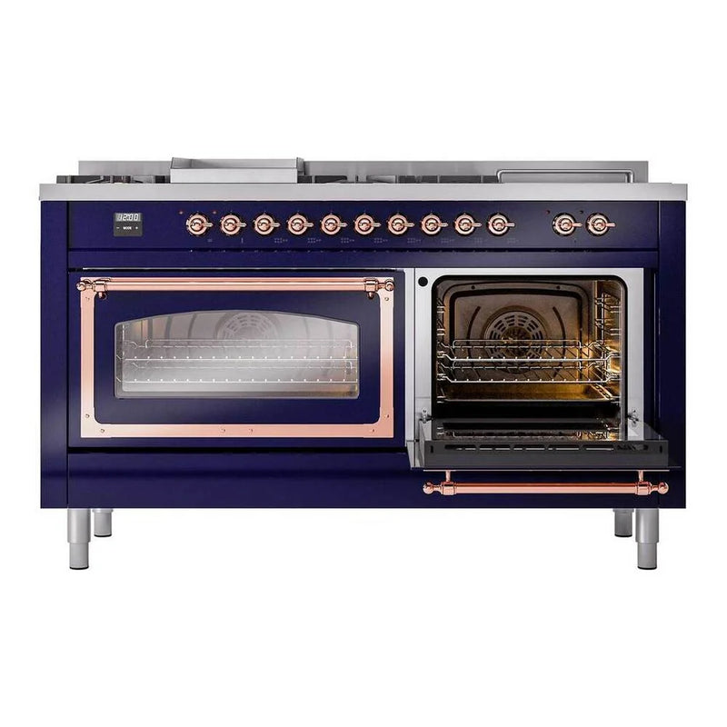 ILVE Nostalgie II Noblesse 60" Dual Fuel Freestanding Range in Midnight Blue with Copper Trim, UN60FSNMPMBPLP