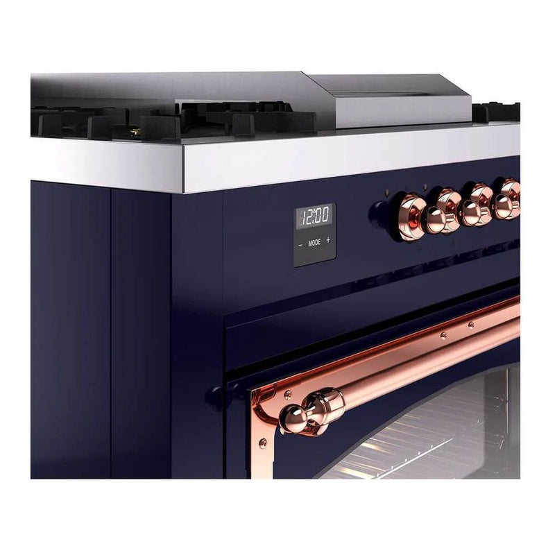 ILVE Nostalgie II Noblesse 60" Dual Fuel Freestanding Range in Midnight Blue with Copper Trim, UN60FSNMPMBPLP