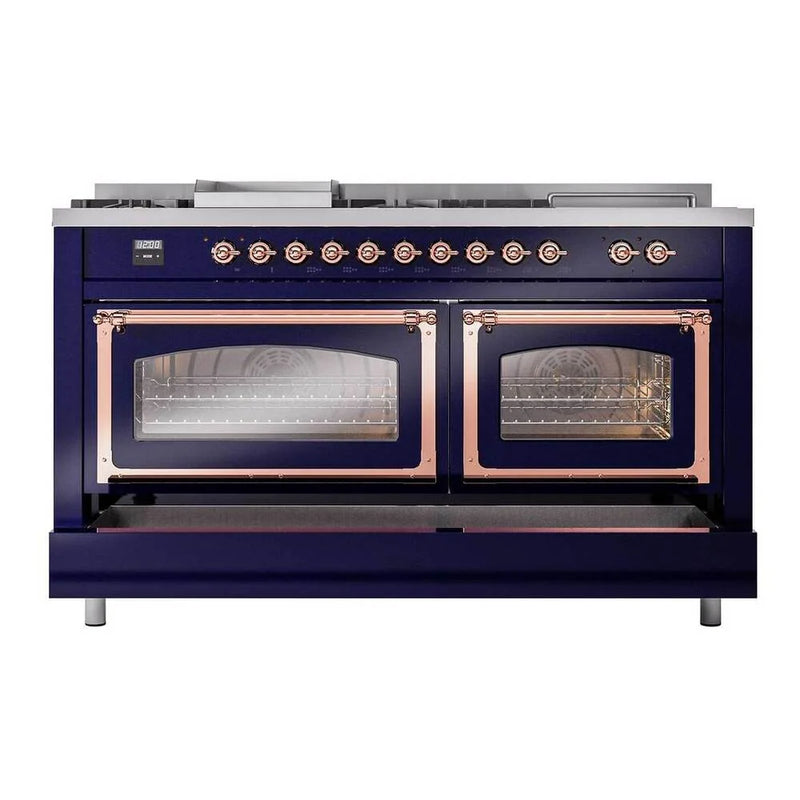 ILVE Nostalgie II Noblesse 60" Dual Fuel Freestanding Range in Midnight Blue with Copper Trim, UN60FSNMPMBP