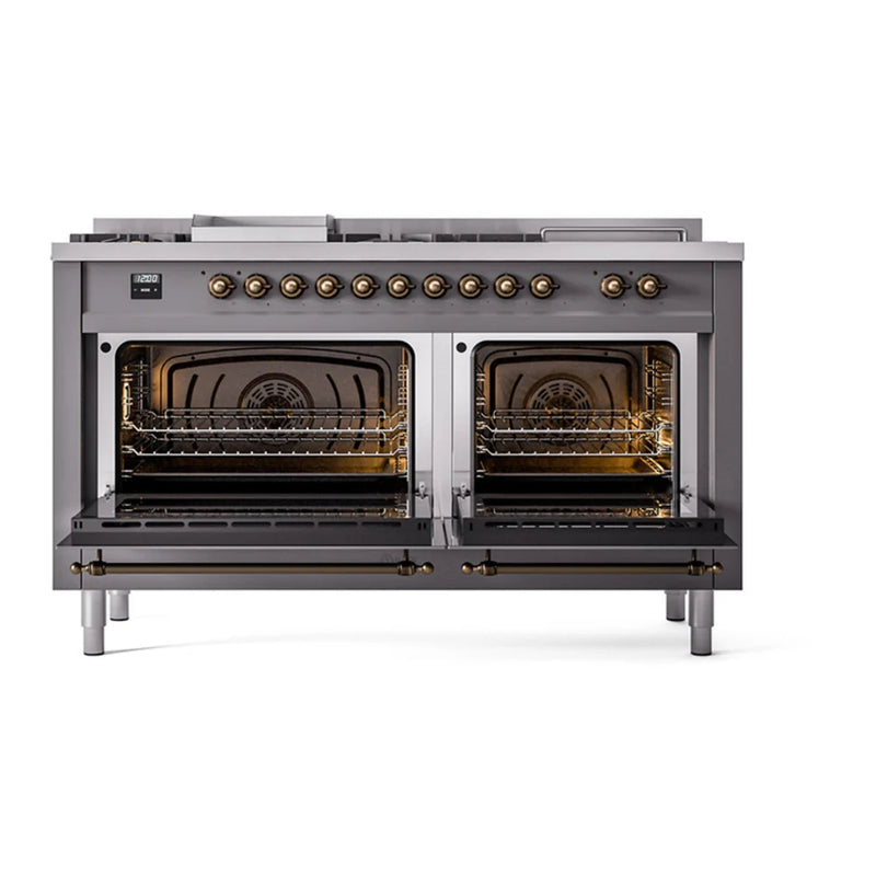 ILVE Nostalgie II Noblesse 60" Dual Fuel Freestanding Range in Graphite Matte with Burnished Trim, UN60FSNMPMGBLP