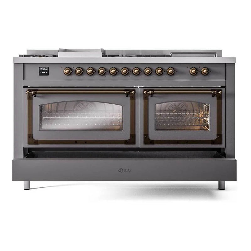 ILVE Nostalgie II Noblesse 60" Dual Fuel Freestanding Range in Graphite Matte with Burnished Trim, UN60FSNMPMGBLP