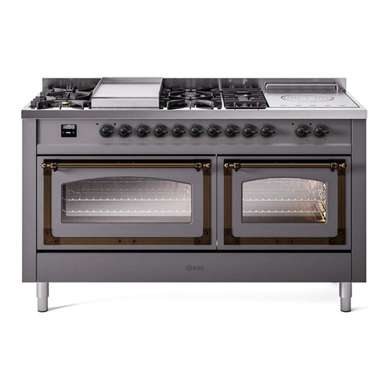 ILVE Nostalgie II Noblesse 60" Dual Fuel Freestanding Range in Graphite Matte with Burnished Trim, UN60FSNMPMGB