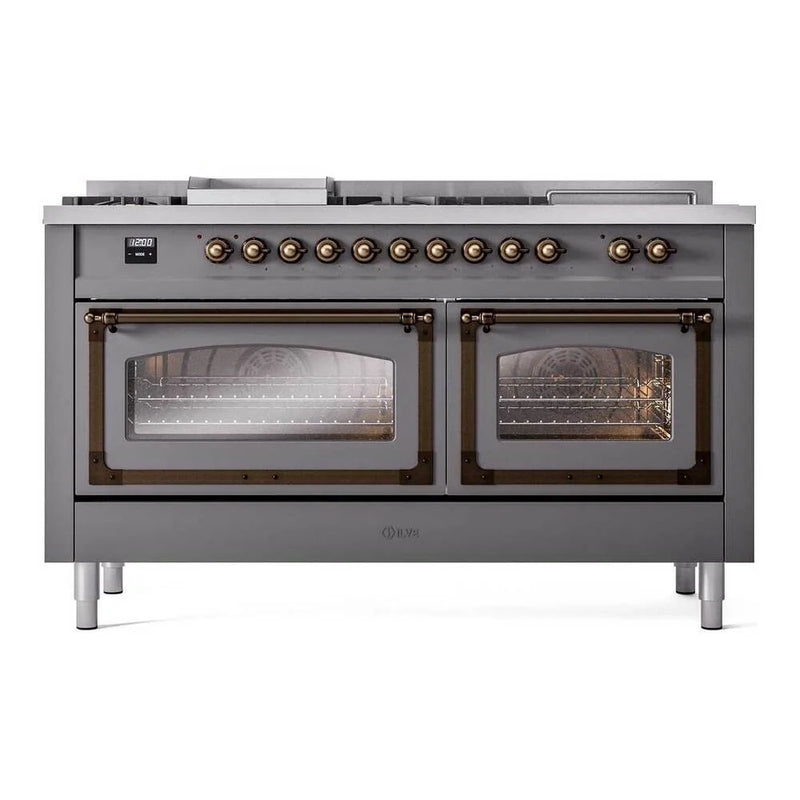ILVE Nostalgie II Noblesse 60" Dual Fuel Freestanding Range in Graphite Matte with Burnished Trim, UN60FSNMPMGB