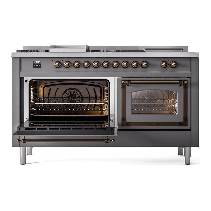 ILVE Nostalgie II Noblesse 60" Dual Fuel Freestanding Range in Graphite Matte with Burnished Trim, UN60FSNMPMGB