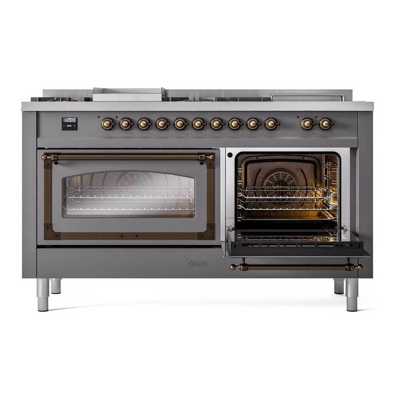 ILVE Nostalgie II Noblesse 60" Dual Fuel Freestanding Range in Graphite Matte with Burnished Trim, UN60FSNMPMGB