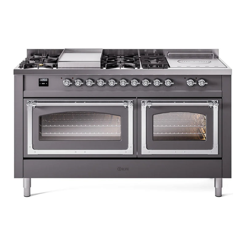 ILVE Nostalgie II Noblesse 60" Dual Fuel Freestanding Range in Graphite Matte with Chrome Trim, UN60FSNMPMGCLP