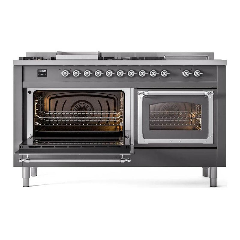 ILVE Nostalgie II Noblesse 60" Dual Fuel Freestanding Range in Graphite Matte with Chrome Trim, UN60FSNMPMGCLP