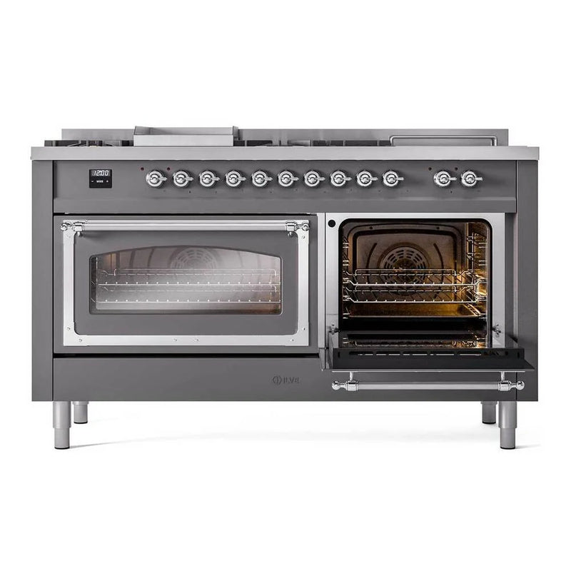 ILVE Nostalgie II Noblesse 60" Dual Fuel Freestanding Range in Graphite Matte with Chrome Trim, UN60FSNMPMGCLP