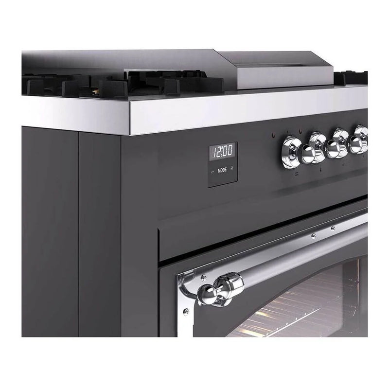 ILVE Nostalgie II Noblesse 60" Dual Fuel Freestanding Range in Graphite Matte with Chrome Trim, UN60FSNMPMGCLP