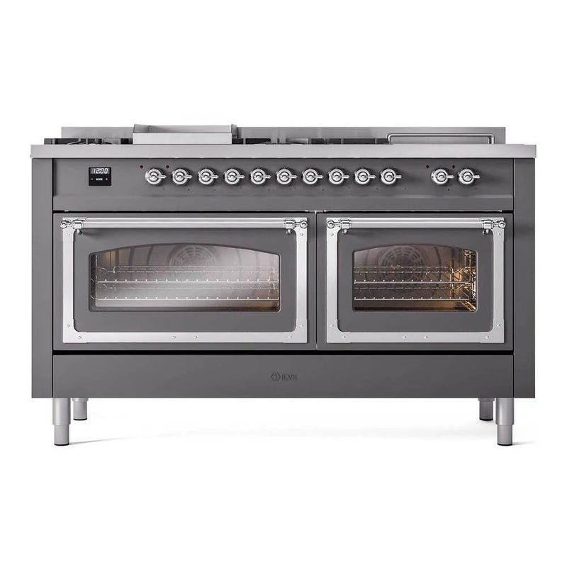 ILVE Nostalgie II Noblesse 60" Dual Fuel Freestanding Range in Graphite Matte with Chrome Trim, UN60FSNMPMGC
