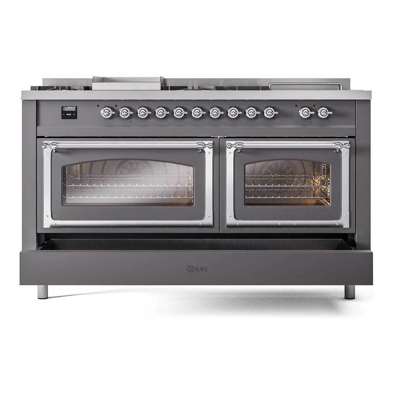 ILVE Nostalgie II Noblesse 60" Dual Fuel Freestanding Range in Graphite Matte with Chrome Trim, UN60FSNMPMGC