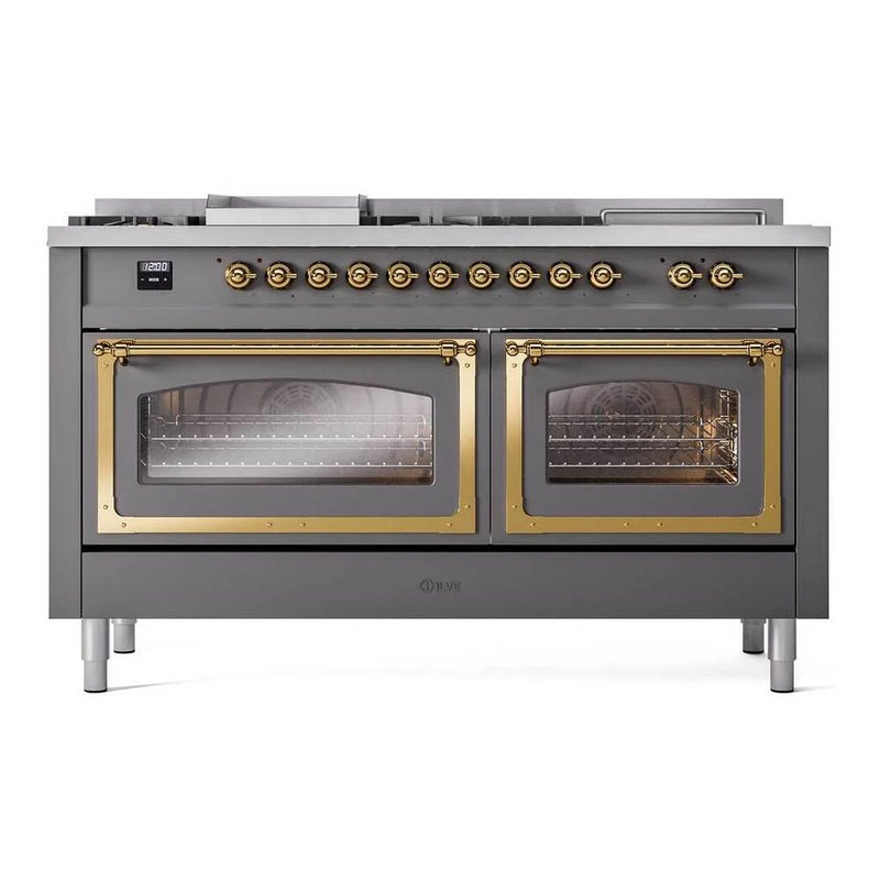 ILVE Nostalgie II Noblesse 60" Dual Fuel Freestanding Range in Graphite Matte with Brass Trim, UN60FSNMPMGGLP