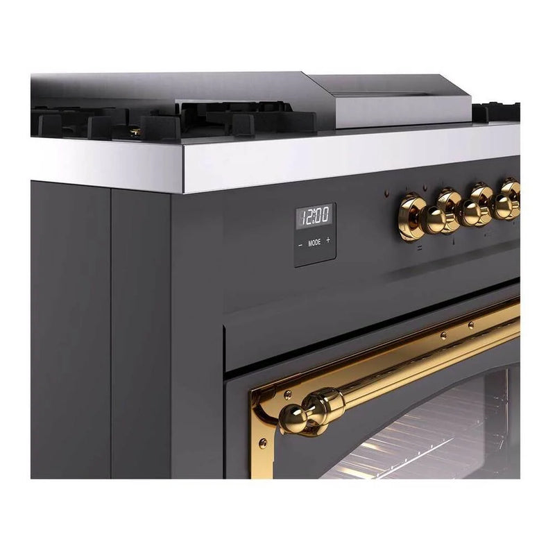 ILVE Nostalgie II Noblesse 60" Dual Fuel Freestanding Range in Graphite Matte with Brass Trim, UN60FSNMPMGGLP