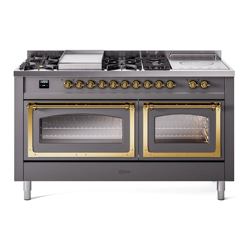 ILVE Nostalgie II Noblesse 60" Dual Fuel Freestanding Range in Graphite Matte with Brass Trim, UN60FSNMPMGG