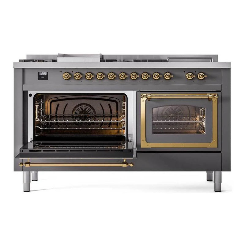 ILVE Nostalgie II Noblesse 60" Dual Fuel Freestanding Range in Graphite Matte with Brass Trim, UN60FSNMPMGG