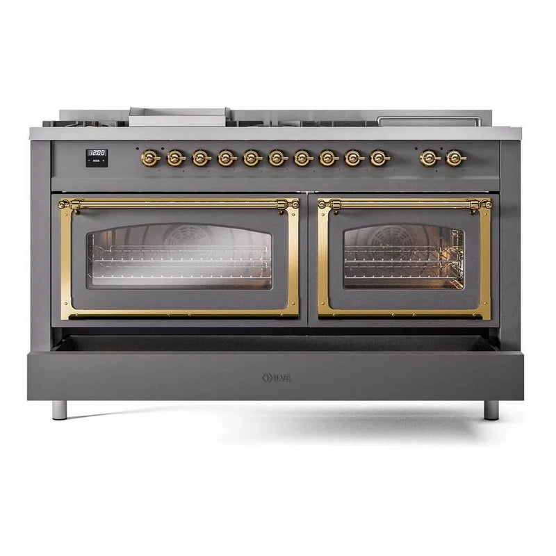 ILVE Nostalgie II Noblesse 60" Dual Fuel Freestanding Range in Graphite Matte with Brass Trim, UN60FSNMPMGG