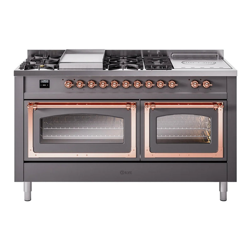 ILVE Nostalgie II Noblesse 60" Dual Fuel Freestanding Range in Graphite Matte with Copper Trim, UN60FSNMPMGPLP