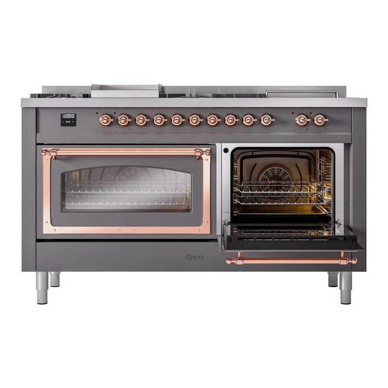 ILVE Nostalgie II Noblesse 60" Dual Fuel Freestanding Range in Graphite Matte with Copper Trim, UN60FSNMPMGPLP