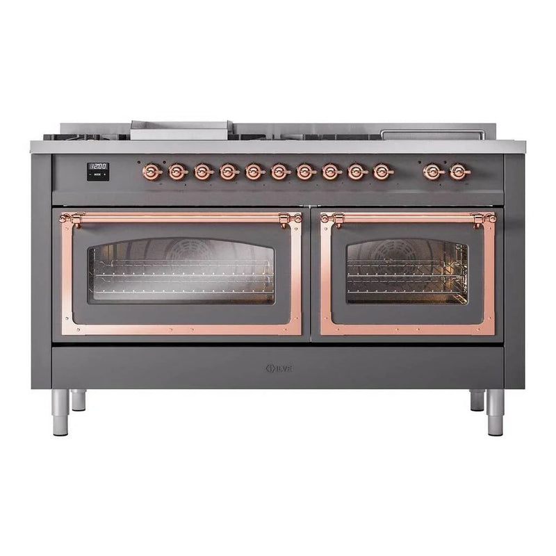 ILVE Nostalgie II Noblesse 60" Dual Fuel Freestanding Range in Graphite Matte with Copper Trim, UN60FSNMPMGP