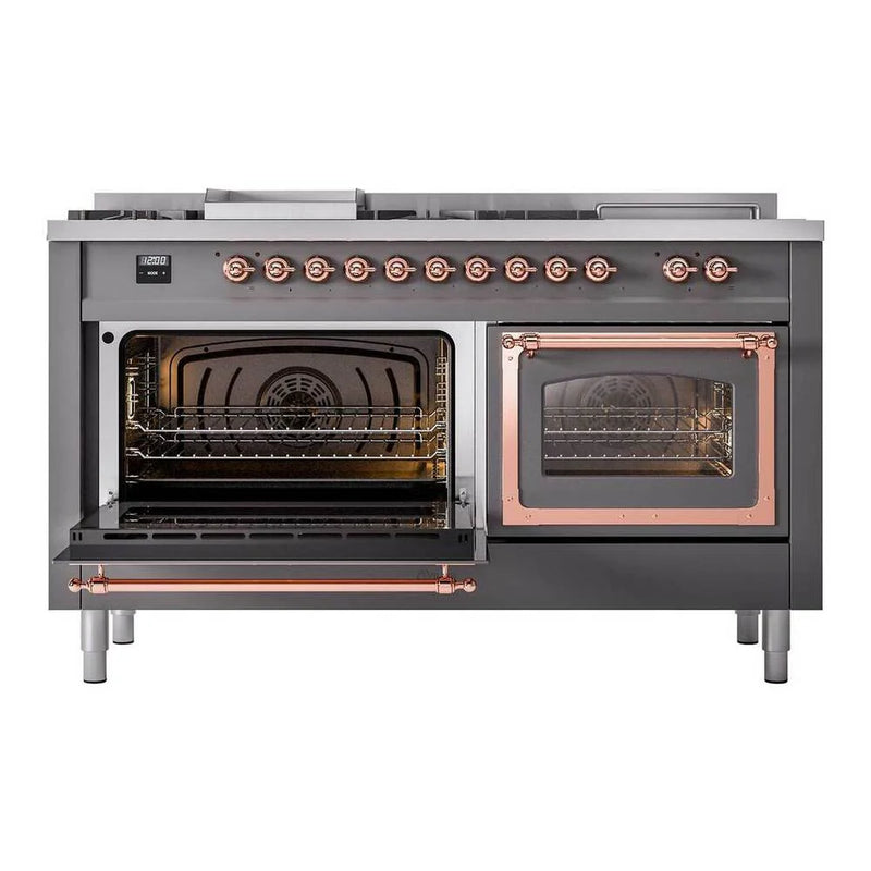 ILVE Nostalgie II Noblesse 60" Dual Fuel Freestanding Range in Graphite Matte with Copper Trim, UN60FSNMPMGP
