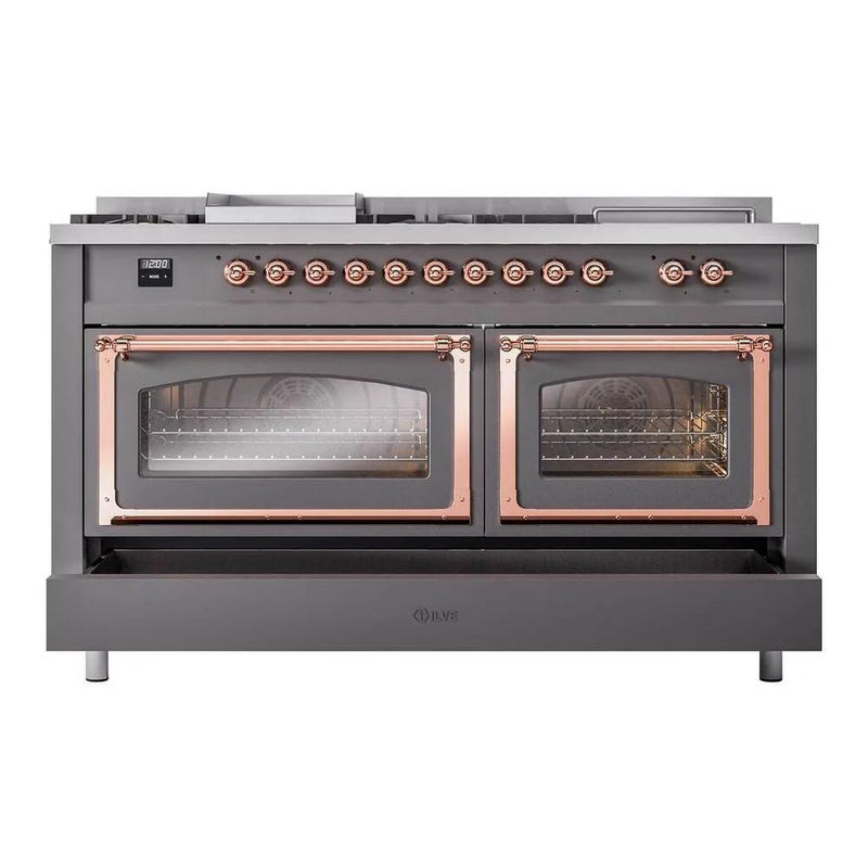 ILVE Nostalgie II Noblesse 60" Dual Fuel Freestanding Range in Graphite Matte with Copper Trim, UN60FSNMPMGP