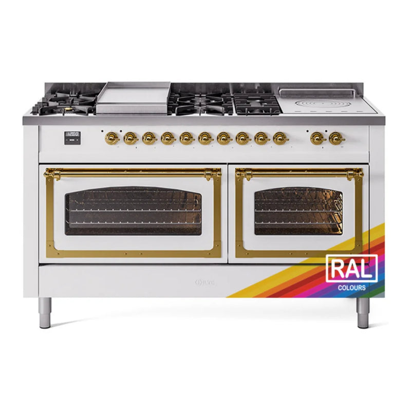 ILVE Nostalgie II Noblesse 60" Dual Fuel Freestanding Range in RAL Color with Brass Trim, UN60FSNMPRAG