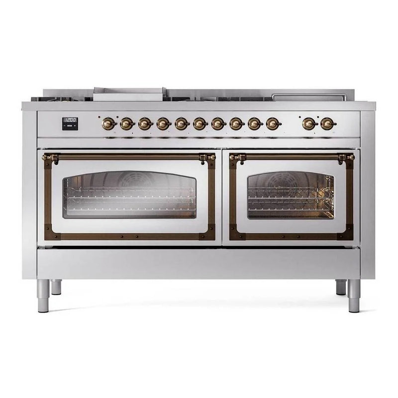 ILVE Nostalgie II Noblesse 60" Dual Fuel Freestanding Range in Stainless Steel with Burnished Trim, UN60FSNMPSSBLP