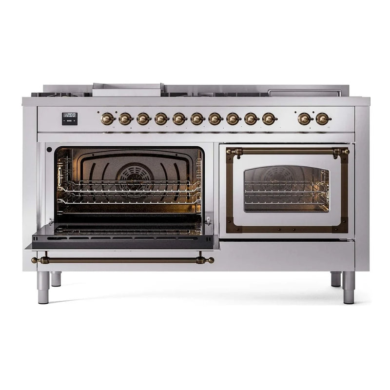ILVE Nostalgie II Noblesse 60" Dual Fuel Freestanding Range in Stainless Steel with Burnished Trim, UN60FSNMPSSBLP